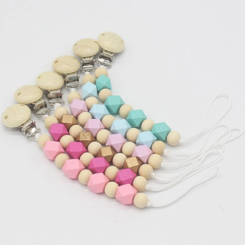 

1Pc Newborn Baby Wood Teething Pacifier Clips Personalized Chain With Safe Beads Pacifier Chain Holder Baby Chew Toys