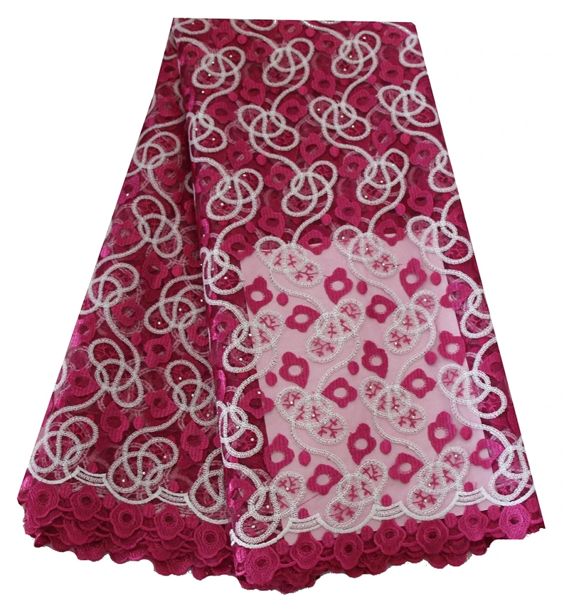 

Embroidery Fushia Pink Tulle Net Lace Fabric with Rhinestones High Quality African French Lace Fabrics For Party&Wedding Dress