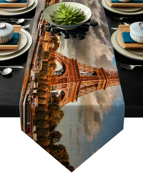 

Paris Tower Leaves Sky City Scenery Table Runner Table Flag Home Party Decorative Tablecloth Table Runners for Wedding