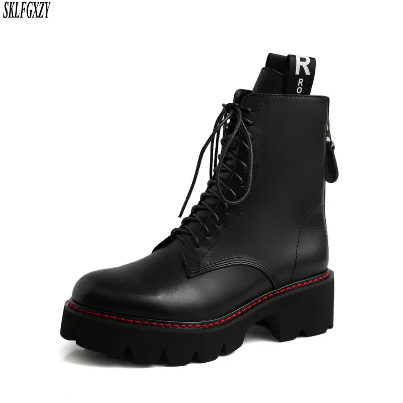 

2019 Genuine 100% Leather Martin Boots Side Zip British Women's Winter Warm Boots Muffin Bottom Lace up Tooling Boots