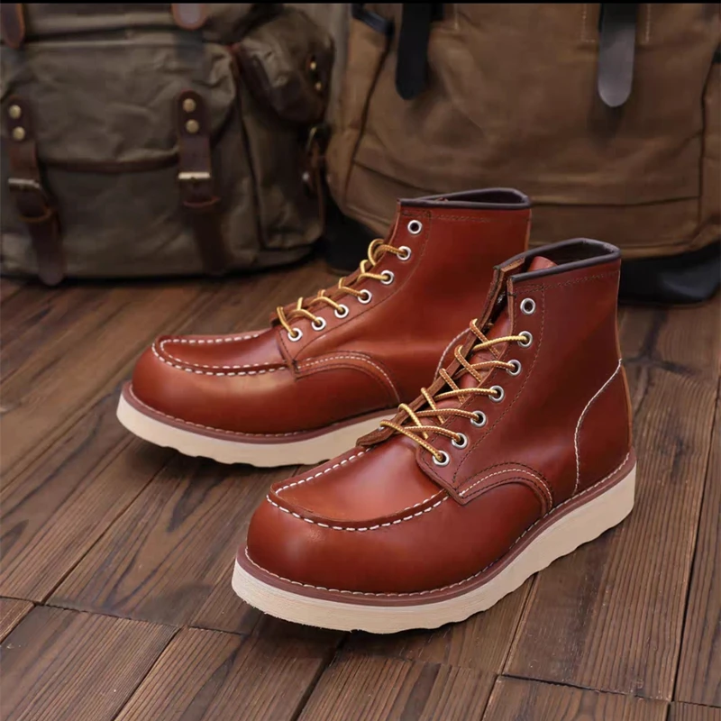875 Vintage British Men Casual Ankle Boots Cow Leather Shoes Wings Tooling Handmade Autumn Winter Work Motorcycle Boots Red,mens leather boots,motorcycle leather boots