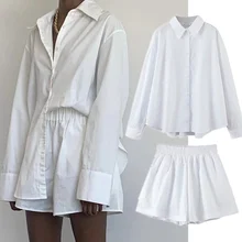 

Dave&Di Ins Blogger Fashion Vintage Oversize Boyfriend Sleeve Blouse Women High Street Cotton Shirt Harem Shorts Bermuda Sets
