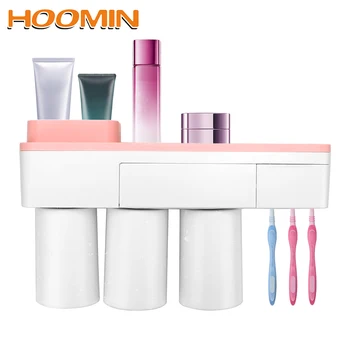 

HOOMIN Toothbrush Holder With Cup Makeup Toothpaste Toothbrushes Shelf Magnetic Adsorption Inverted Wall Mount