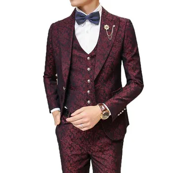 

Male Suit With Pants Wedding Groom Prom Suits for Men Burgundy Floral Jacquard Slim Fit 3 Pieces / Set ( Jacket + Vest+Pants)
