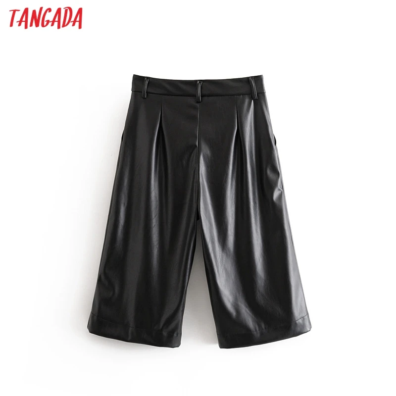 Tangada fashion women faux leather black pants trousers pockets buttons lady knee length pants pantalon 6A319