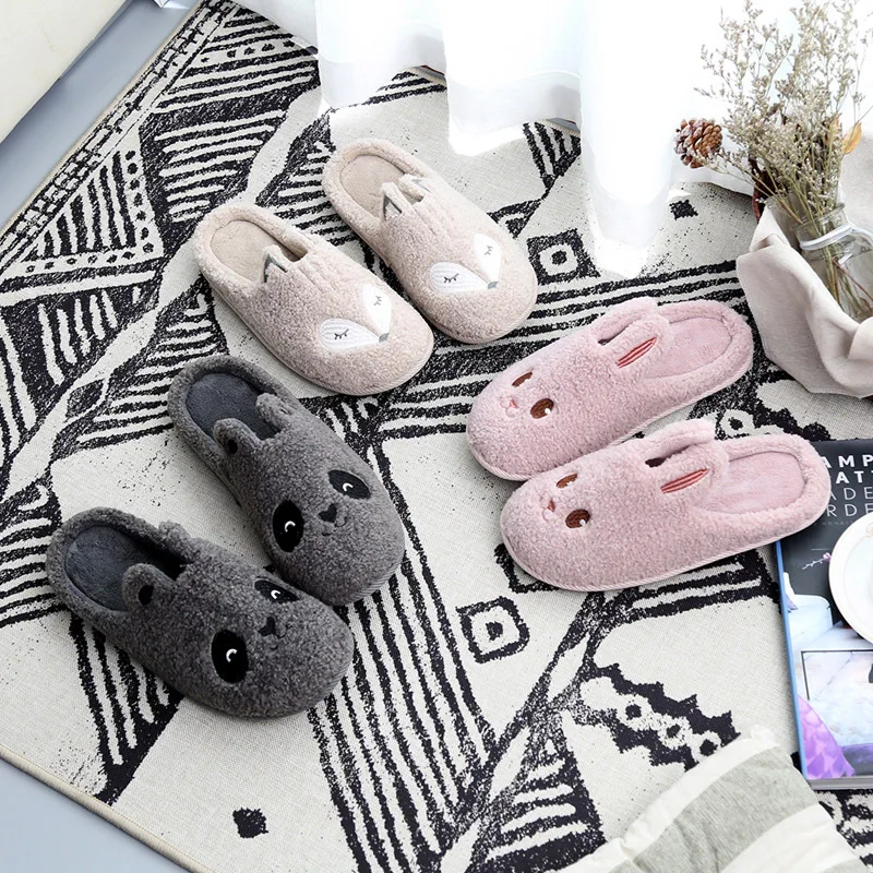 

High Quality Mute Cartoon Animal Women Winter home slippers Warm fur Short Plush Non slip Fox House Couple floor shoes female