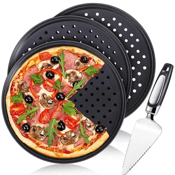 

Pizza Crisper Set of 4, Includes 3 Piece Perforated Pizza Pan 12 Inch Pizza Crisper Pan and 1 Piece Pizza Cake Cutter