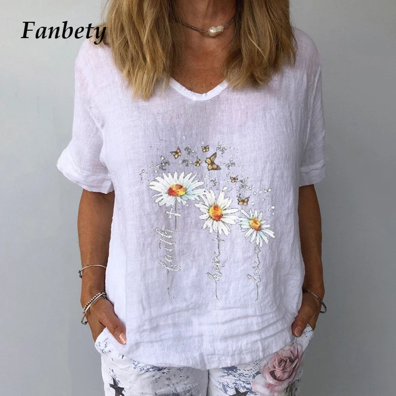 

New Summer V Neck Short Sleeve Blouses Shirts Elegant Floral Printed Linen Cotton Shirt Women Casual Loose Harajuku Tops Blusas
