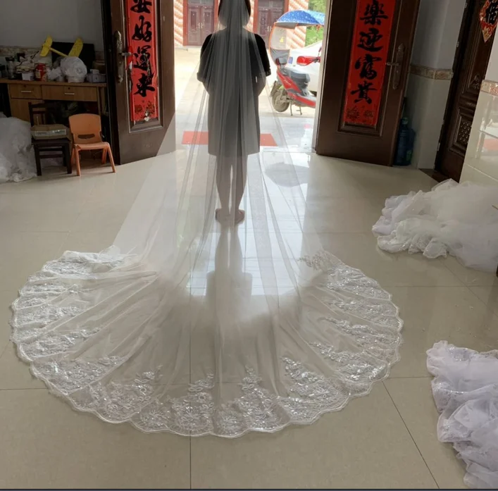 Wedding veil White Ivory Cathedral Wedding Veils Long Lace Edge Bridal Veil with Comb Accessories Bride Veu