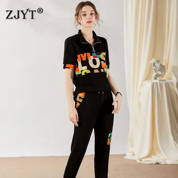 

Two Piece Set Top and Pants Tracksuit Summer Women 2020 New Fashion Short Sleeve Letters Print Top Pants Suit Casual Outfits