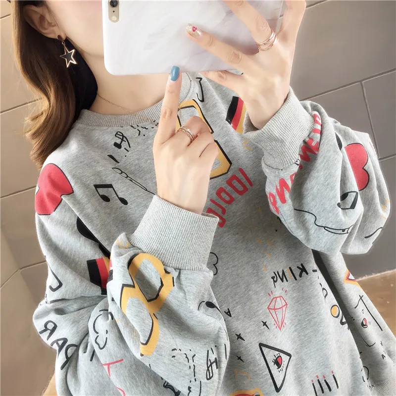 Women Autumn Graffiti Oversized Fashion Girls Loose Fit Long Coat Korean Kawaii Tops Hoodies Sweatshirts Women's Clothes