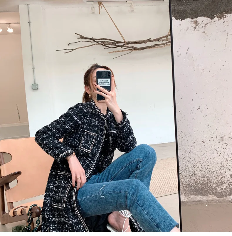 Autumn Winter Jacket Women Belt Pockets Casual Female Outwear Thin Black Checkered Tweed Plaid Long Loose Coat