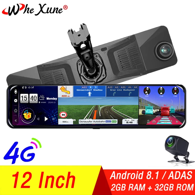 Видеорегистратор WHEXUNE 12 дюймов Android 8 1 ADAS 2 Гб + 32 ГБ 10 в 4G Wi Fi GPS Bluetooth Full HD