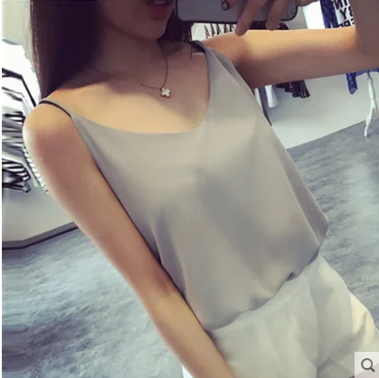 Korean Fashion Chiffon Women Tops Woman V-Neck Vest Blouse Top Summer Women Sleeveless Top 2022 Blouses Gray