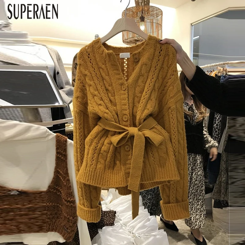 SuperAen, корейский стиль, женские свитера, пальто,, осень и зима, новые дикие женские свитера, кардиган, однотонный цвет, топы для женщин
