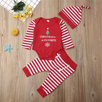 

0-18months Newborn Christmas Clothes Cute Baby Girl Clothes Set Infant Long Sleeve Bodysuit Long Pants Hat Toddler Outfit Suit