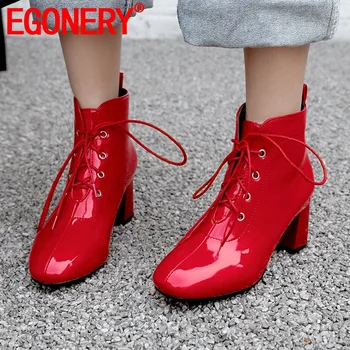 

EGONERY office professional women's shoes fashion spring autumn lace-up high heels booties artificial Patent leather ankle boots