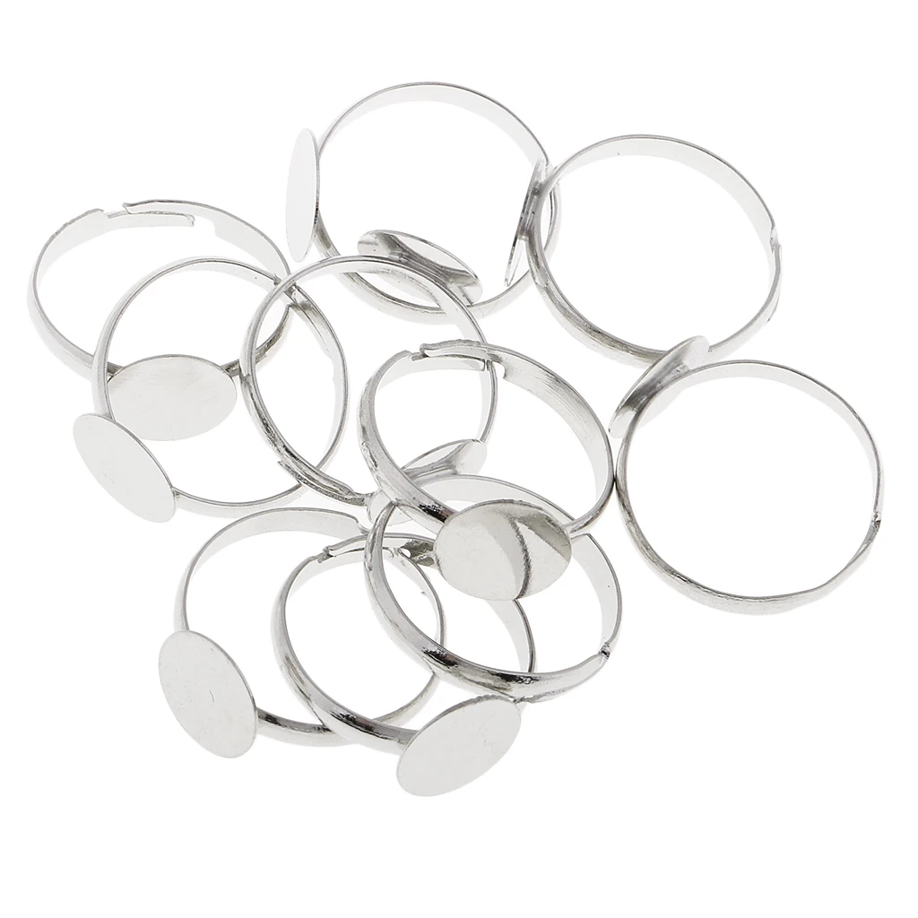 10Pcs 10mm Pad DIY Ring Base Adjustable Ring Blanks Glue On Cabochons Rings