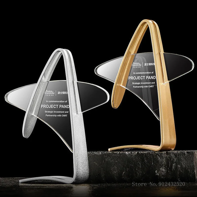 Custom Five-Pointed Star Crystal Trophy, Gold, Silver, Bronze, Creative Commemorative, Souvenir Award, Home Decoration, 1Pc