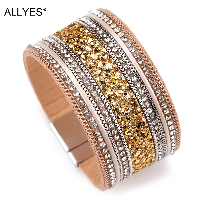 Женский кожаный браслет ALLYES широкий на запястье с блестящими стразами в богемном