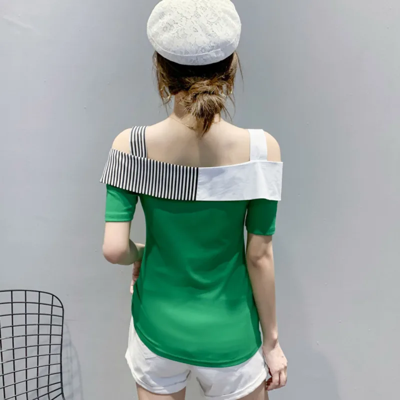 #5929 Summer Off Shoulder T-Shirts For Women Spliced Color Slash Neck Sexy T-shirt Femme Short Sleeved Basic T Shirt Woman Short