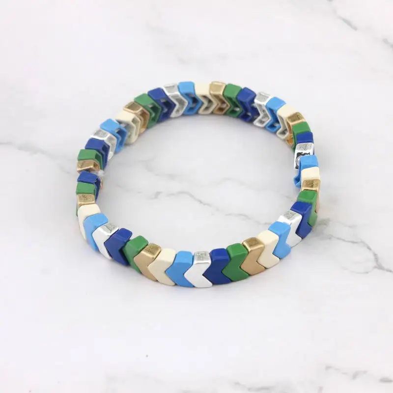 ZWPON Painted Metallic Chevron Bangles Elastic Herringbone Boho Bracelets Women V Shape Arrow Bangles Jewelry Wholesale - Metal Color: White