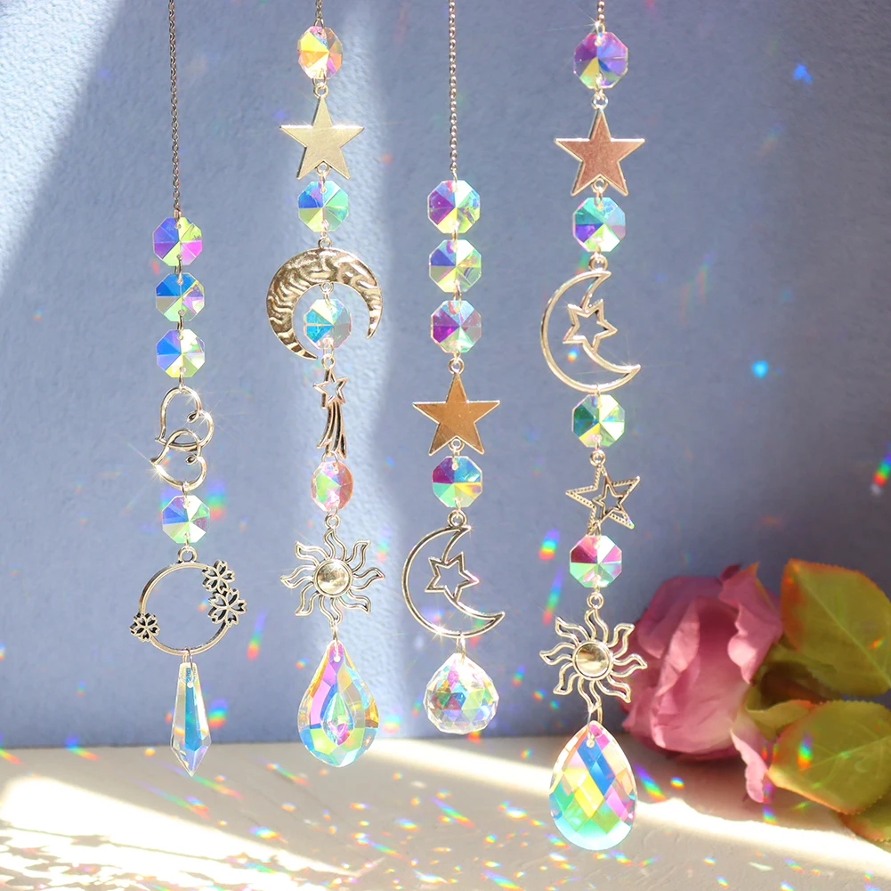5/4 Hanging Flower Light Catcher Crystal Outdoor Garden Metal Moon Sun Wind Chime Pendant Home Balcony Rainbow Maker Decor Gift | Дом и сад