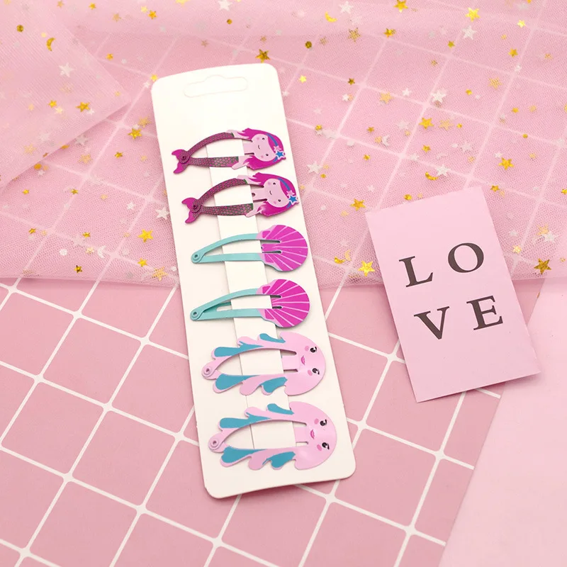 6 Pcs/set Cartoon Mermaid Baby Hair Clip Lot Princess Baby Hair Pins Girls Rainbow Baby Hair Clips Accessories Metal Cute Candy