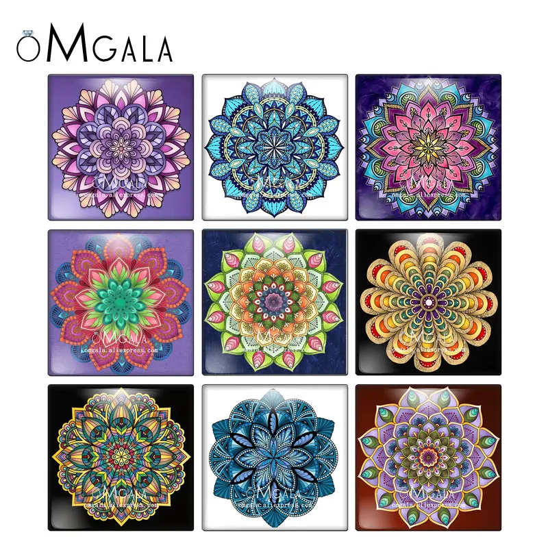 

Colorful Mandala Art Paintings Square 10pcs mixed 12mm/20mm/25mm/30mm photo glass cabochon demo flat back Making findings