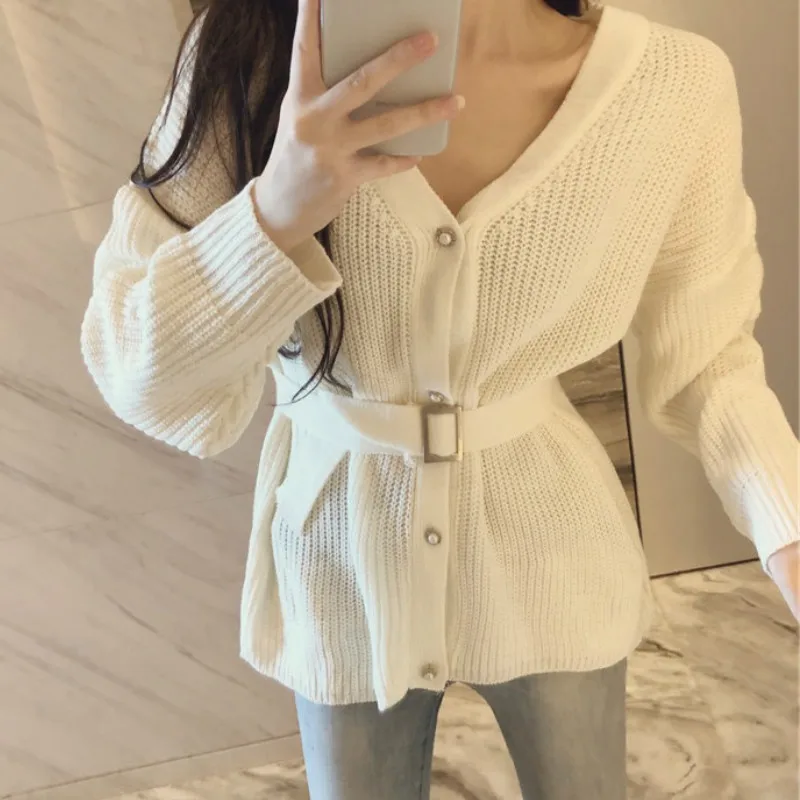 white cardigan Woherb однотонные женские кардиганы повседневные трикотажные женские свитера с v-образным вырезом тонкая осенне-зимняя одежда длинный рукав трикотаж с поясом - Цвет: white cardigan
