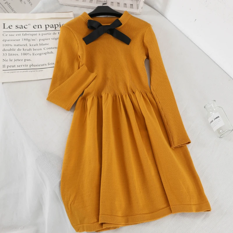 

LISM 2019 Autumn Winter Cute A Line Sweater Ladies Dress Solid Yellow Long Sleeve Korean Women Party Dress Vestidos With Bow