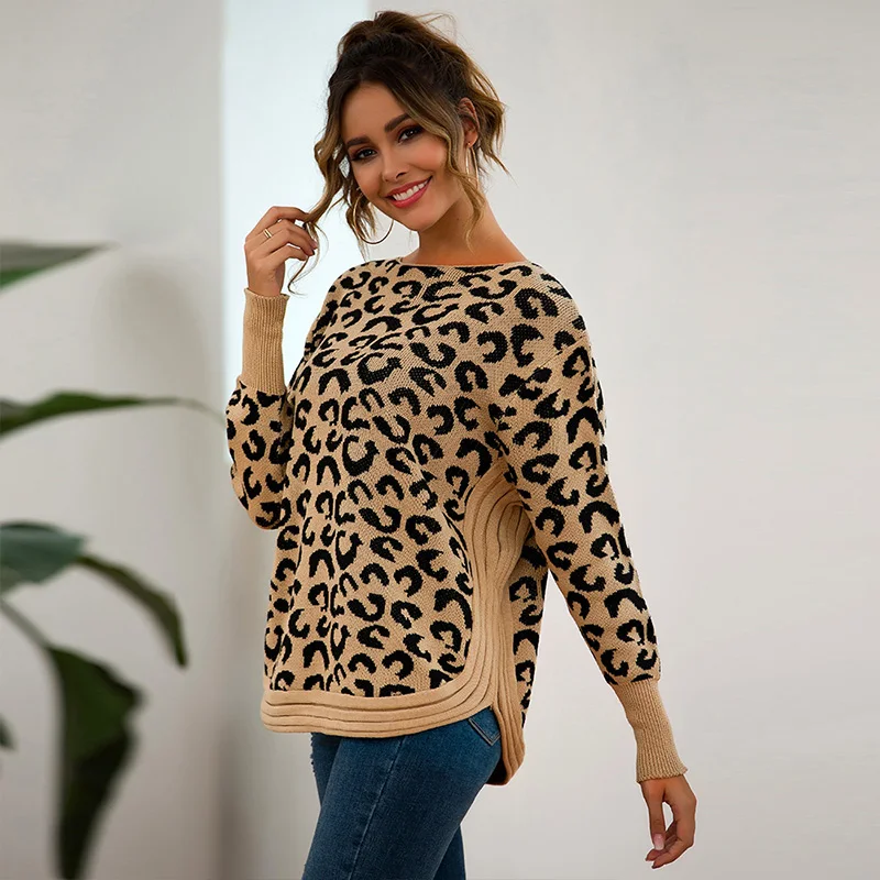

ALLNeon Fashion Leopard Print Jumpers for Female Loose Round Neck Knitted Sweaters Winter Autumn Ladies Pullovers Plus Size 2019