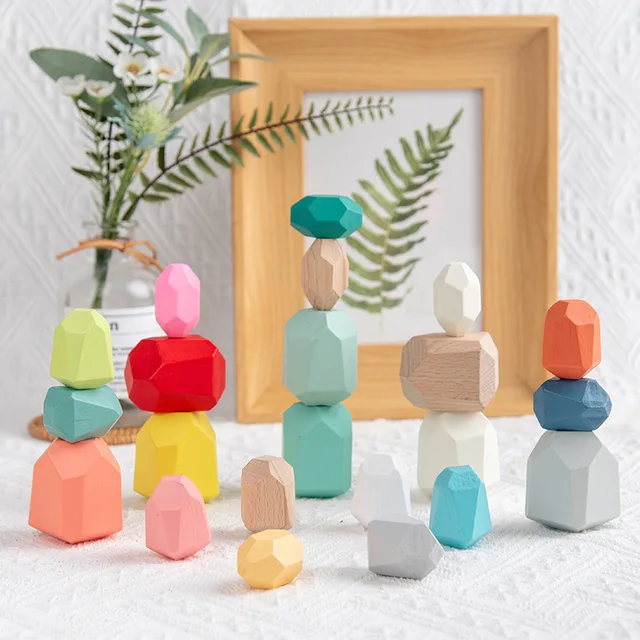 Wooden Colored Stone Creative Rainbow Building Blocks Nordic Style Blocks Wood Rainbow Stacker Kids Montessori Educational Toys 3
