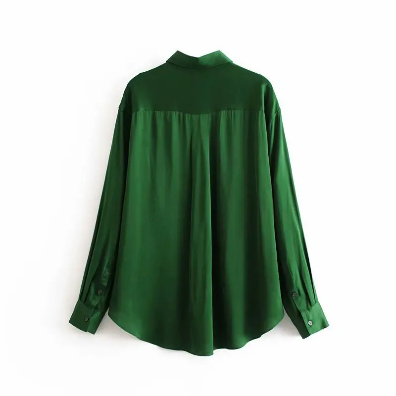 Свободная Зеленая Атласная Блузка Женская Осенняя шелковая винтажная рубашка на пуговицах с длинным рукавом Модная элегантная однотонная Офисная Женская рубашка блузка