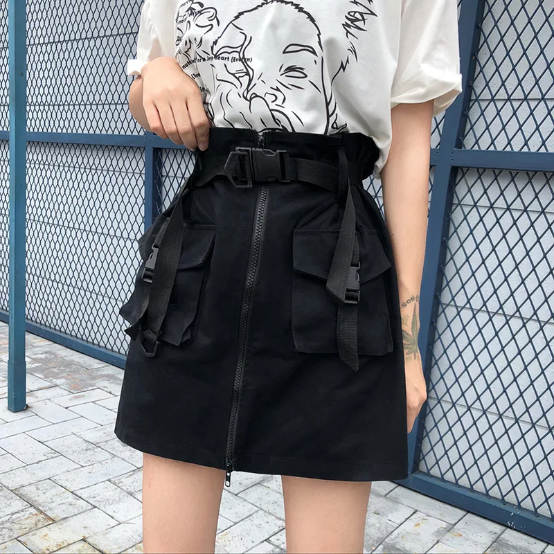 Una línea de mujeres de la cremallera Mini carga faldas bolsillos fajas vestido de falda corta de Damas verano 2020 Sexy negro caqui femenino