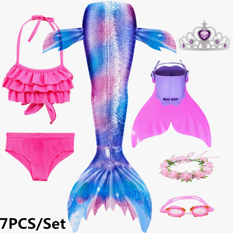 7PCS as picture show Новинка! 7 шт./компл. русалки для девочки Моноласты, хвосты для купания венок-Корона Goggle с хвостом русалки, купальный костюм для девочек, купальник-бикини, плавательный костюм, костюм - Цвет: 7PCS as picture show