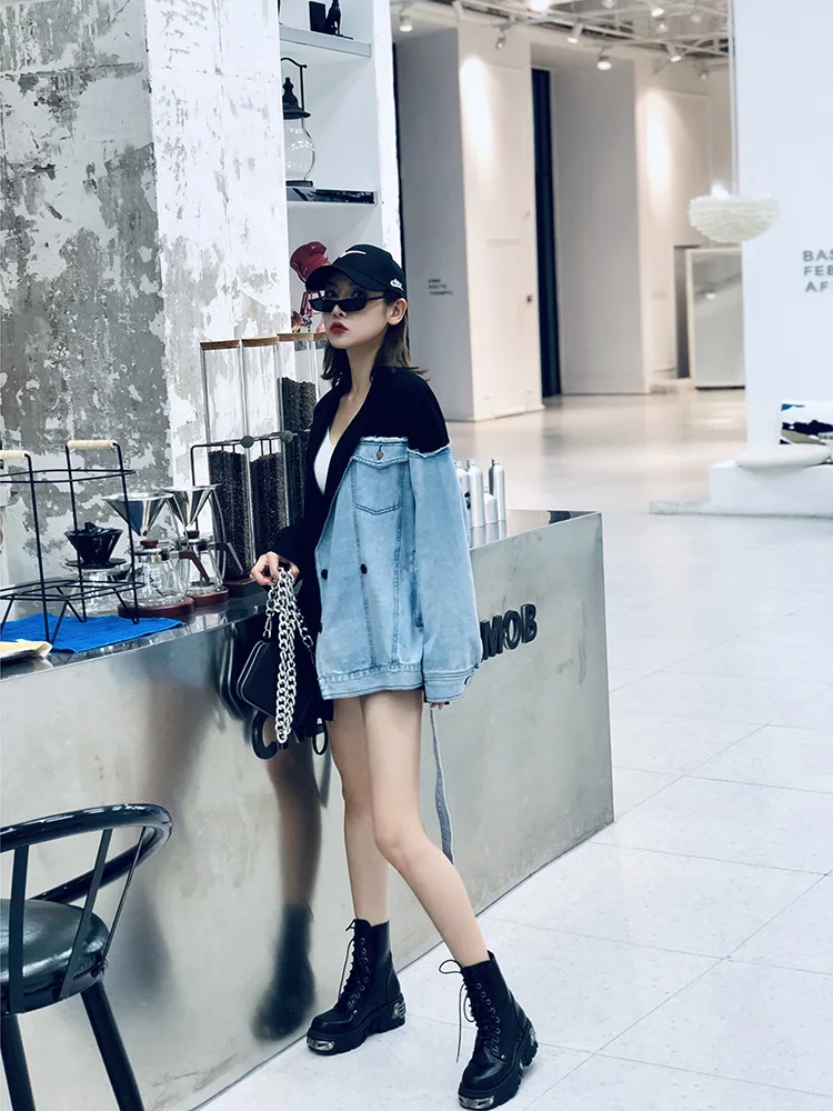 European station autumn new fight denim tie rope suit female loose long section casual coat net red temperament