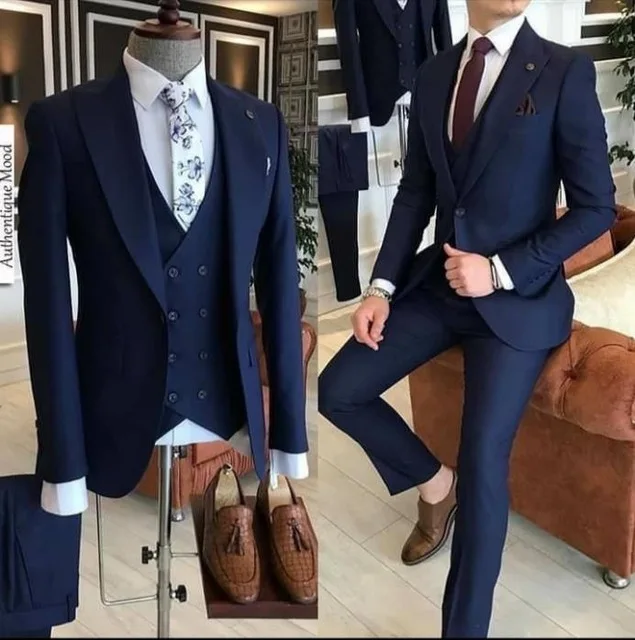 Trajes de negocios clásicos para hombre, esmoquin para novio, trajes de boda, chaqueta + Pantalones + chaleco, 3 piezas, azul marino, 2020