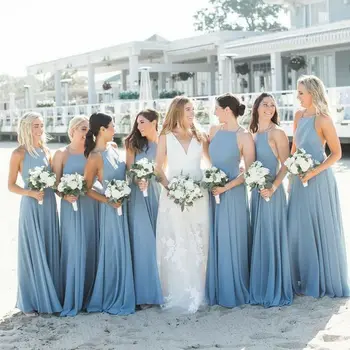 

Dusty Blue Long Chiffon Bridesmaid Dresses with Pockets Halter Floor Length Custom Open Back Wedding Party Dress