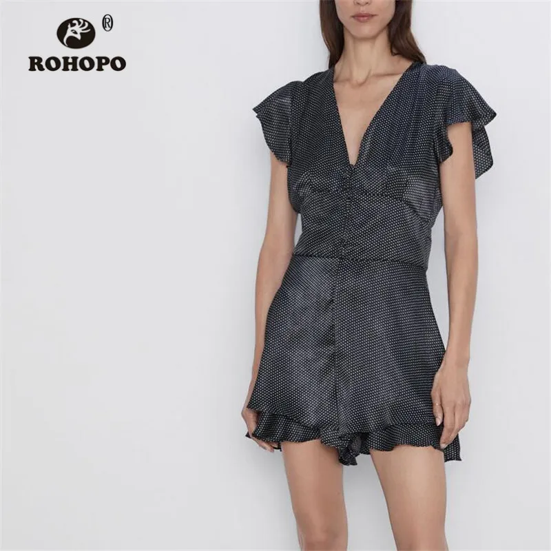 

ROHOPO White Polk Dot Black Jumpsuit Butterfly Sleeve Flared Skirt Buttoms Woman Autumn Romper #8979