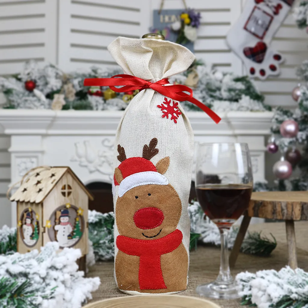 Christmas Red Wine Bottle Covers Bag Santa Clause Snowman Linen Champagne Bottle Cover Christmas Party Home Decor Table#15