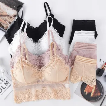 

Women V-Neck Hollow Lace Gathered Bra Set Female Wrapped Chest Lace Bras With Brief Two Piece Suit