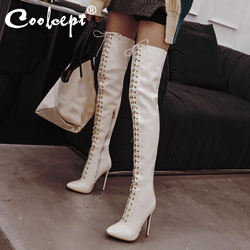 

Coolcept Plus Size 30-48 Gladiator Cross Strap Pu Leather Winter Boots Sexy Ladies Over The Knee Boots Zipper Pointed Toe Botas