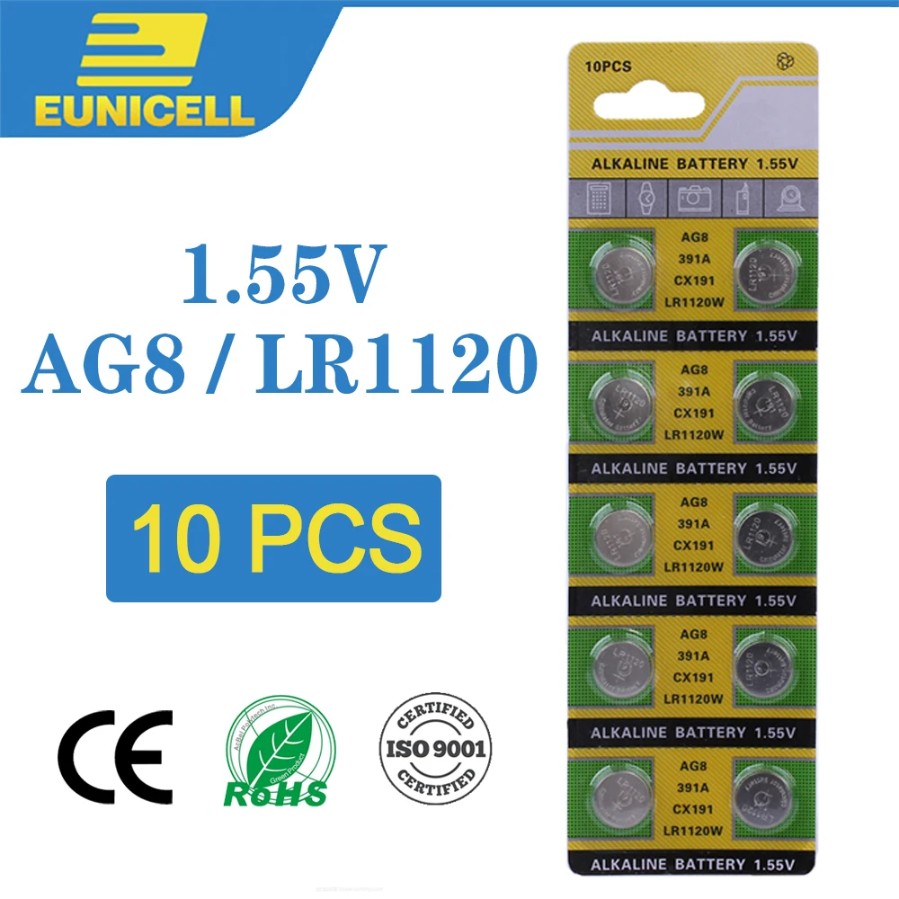 10 шт. щелочные батарейки AG8 LR1120 1 55 в 191 дюйма LR55 391 SR1120 LR1120W CX191 G8A AG 8 | Электроника