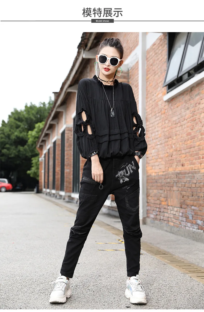 Vefadisa Hollow Out Long Sleeve T-shirt Fungus Patchwork Women T-shirt 2020 Autumn Plus Size Women T-shirt Black Red QYF3671