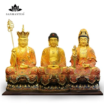 

Buddhist supplies Resin Dizang Bodhisattva home Buddha ornaments yellow glaze painted three saints Buddha ornaments