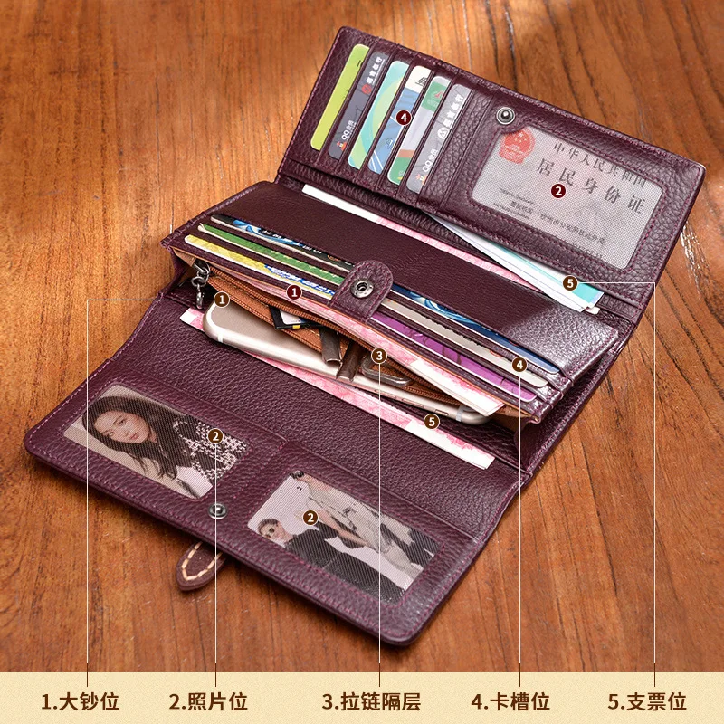 

Leather Wallet Women's Long Cowhide Three Fold Buckle Korean-style Card Bit More Large Capacity Soft Leather Men And Women Clutc