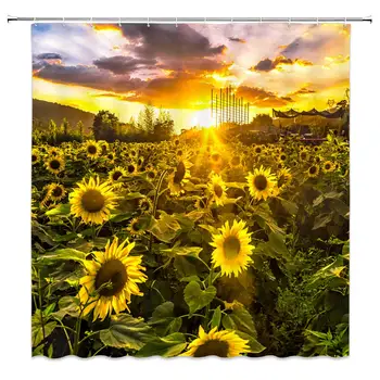 

Sunflower Shower Curtain Golden Sunshine Yellow Floral Green Leaf Yellow Green Bathroom Curtains Decor Polyester Fabric Quick