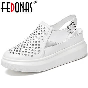 

FEDONAS Buckle Genuine Leather Women Sandals Back Strap Height Increasing High Heels Pumps 2020 Summer Party Casual Shoes Woman
