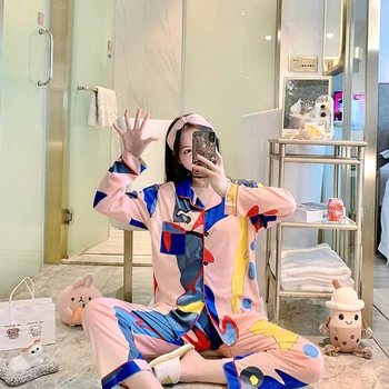 

Women's Cotton Cardigan Ladies Home Clothes Half Sleeve Tops with Long Pants Pajamas Suit Printing Woman Clothes Pajama Set